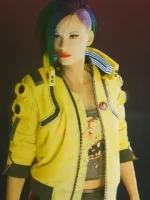 Close-up of Cyberpunk 2077 Judy Yellow Jacket showing premium material texture and detailed craftsmanship