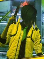 Close-up of Cyberpunk 2077 Judy Yellow Jacket highlighting the front closure and detailed craftsmanship