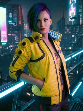Cyberpunk 2077 Judy Yellow Jacket with a bold yellow finish, modern fit, and signature futuristic design