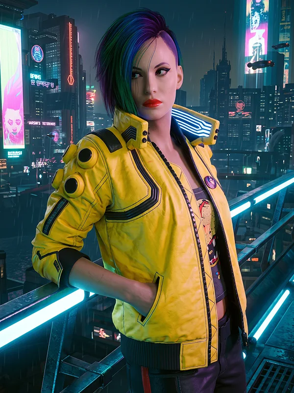 Cyberpunk 2077 Judy Yellow Jacket with a bold yellow finish, modern fit, and signature futuristic design