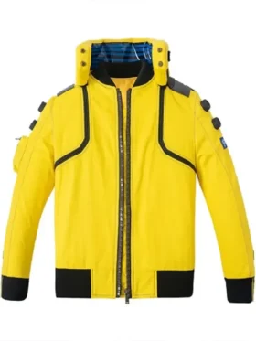 Front view of Cyberpunk 2077 Judy Yellow Jacket featuring a vibrant yellow design and modern biker-inspired style