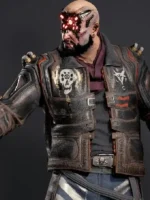 Close-up of Cyberpunk 2077 Royce Leather Jacket focusing on the front closure and detailed craftsmanship