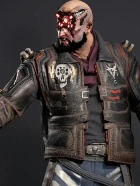 Close-up of Cyberpunk 2077 Royce Leather Jacket focusing on the front closure and detailed craftsmanship