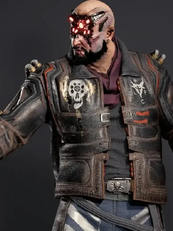 Close-up of Cyberpunk 2077 Royce Leather Jacket focusing on the front closure and detailed craftsmanship