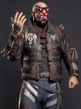 Front view of Cyberpunk 2077 Royce Leather Jacket featuring a bold leather design and futuristic biker style