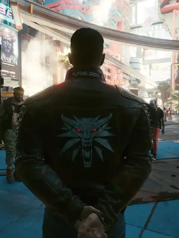 Back design view of Cyberpunk 2077 Samurai Wolf School Leather Jacket featuring signature artwork and premium leather
