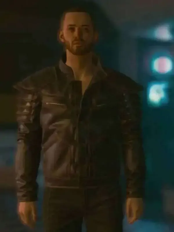 Front view of Cyberpunk 2077 Samurai Wolf School Leather Jacket with premium leather and structured fit
