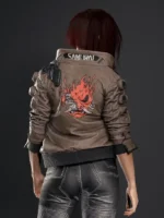 Back look of Cyberpunk 2077 Vincent Brown Leather Jacket showing premium brown leather and clean silhouette