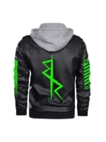 Cyberpunk Halloween Hooded Leather Jacket back view showing neon green accents and black leather finish