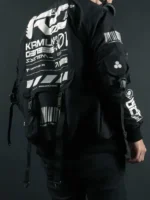 Back design view of Cyberpunk Black Tech Wear Bomber Jacket highlighting distinctive futuristic detailing