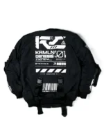 Back view of Cyberpunk Black Tech Wear Bomber Jacket featuring a clean black bomber silhouette and premium finish
