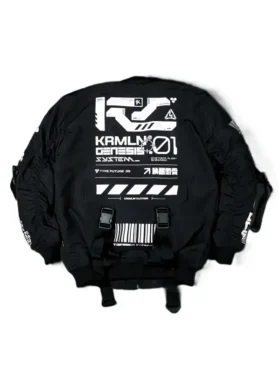 Back view of Cyberpunk Black Tech Wear Bomber Jacket featuring a clean black bomber silhouette and premium finish