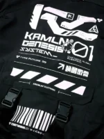 Cyberpunk Black Tech Wear Bomber Jacket highlighting its futuristic design, black finish, and bomber silhouette