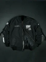 Front view of Cyberpunk Black Tech Wear Bomber Jacket featuring a sleek black finish and futuristic bomber design