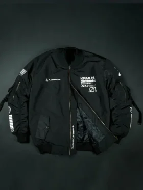 Front view of Cyberpunk Black Tech Wear Bomber Jacket featuring a sleek black finish and futuristic bomber design