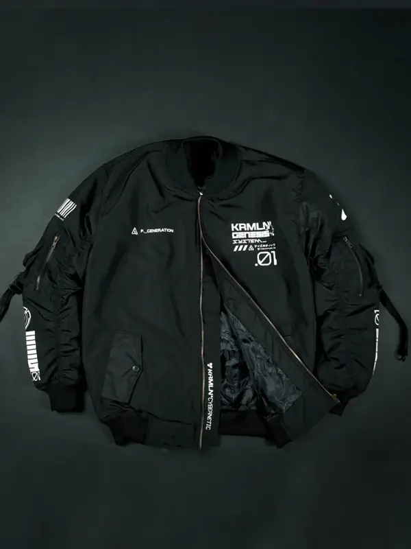 Cyberpunk Black Tech Wear Bomber Jacket Front View Front view of Cyberpunk Black Tech Wear Bomber Jacket featuring a sleek black finish and futuristic bomber design