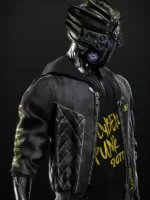 Close-up of Cyberpunk 2077 Cyborg Bomber Leather Jacket highlighting the leather texture and hooded details
