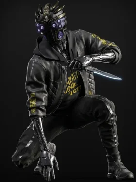 Cyberpunk 2077 Cyborg Bomber Leather Jacket with black hooded design, bomber fit, and premium leather finish