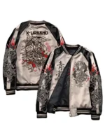 Front and back view of Cyberpunk Embroidery Two In One Bomber Jacket showcasing embroidered detailing and complete design
