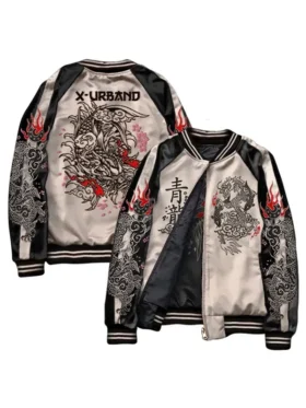 Front and back view of Cyberpunk Embroidery Two In One Bomber Jacket showcasing embroidered detailing and complete design