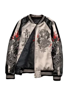 Front view of Cyberpunk Embroidery Two In One Bomber Jacket featuring embroidered details and a bomber silhouette
