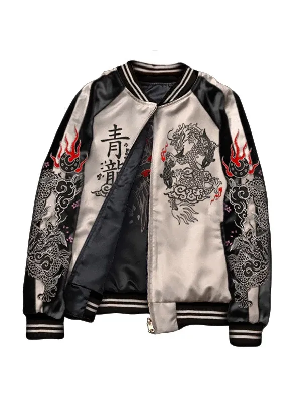 Cyberpunk Embroidery Two In One Bomber Jacket Front View Front view of Cyberpunk Embroidery Two In One Bomber Jacket featuring embroidered details and a bomber silhouette