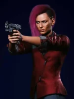 Close-up of Cyberpunk 2077 Female V Red Leather Blazer highlighting the crimson leather texture and fine details