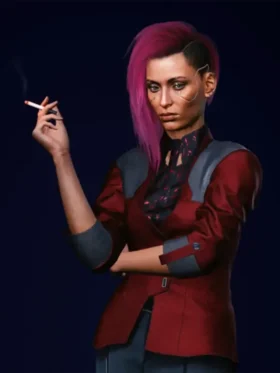 Cyberpunk 2077 Female V Red Leather Blazer in crimson red leather with a sleek tailored fit and bold styling