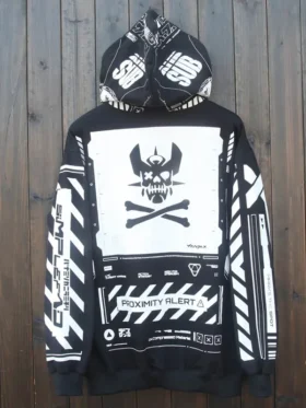Back view of Cyberpunk Graphic Techwear Jacket featuring a clean silhouette and graphic techwear styling
