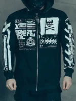 Close-up of Cyberpunk Graphic Techwear Jacket highlighting graphic details, premium texture, and fine craftsmanship