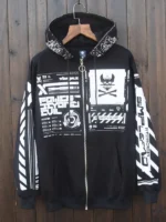 Front view of Cyberpunk Graphic Techwear Jacket with bold graphic elements and a futuristic techwear design