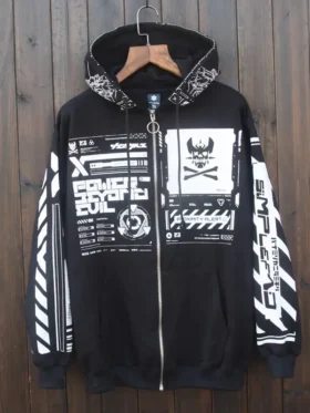 Front view of Cyberpunk Graphic Techwear Jacket with bold graphic elements and a futuristic techwear design