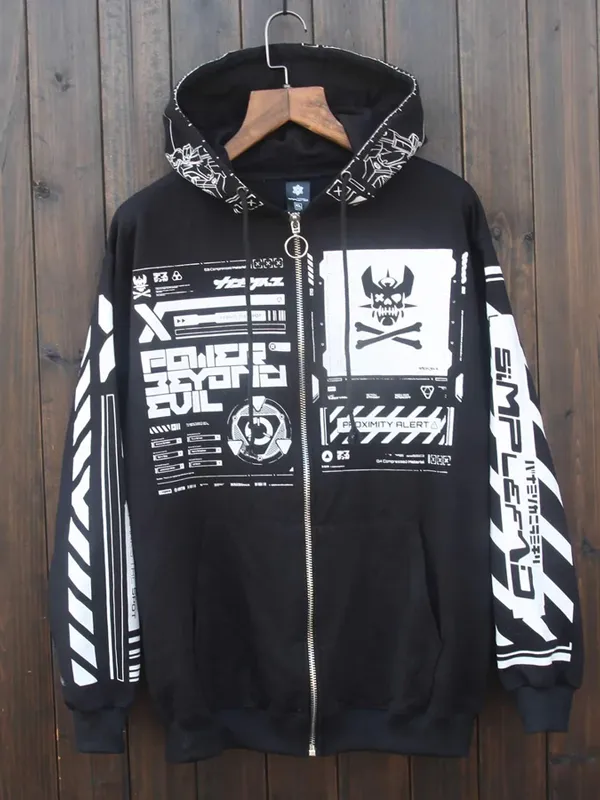 Cyberpunk Graphic Techwear Jacket Front View Front view of Cyberpunk Graphic Techwear Jacket with bold graphic elements and a futuristic techwear design