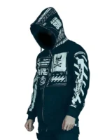 Side view of Cyberpunk Graphic Techwear Jacket featuring graphic detailing, a modern silhouette, and futuristic styling