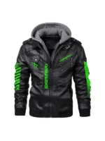 Cyberpunk Halloween Hooded Leather Jacket front view showing full silhouette and neon green accents