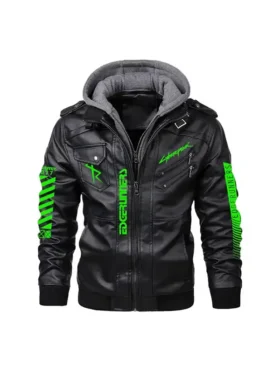 Cyberpunk Halloween Hooded Leather Jacket front view showing full silhouette and neon green accents