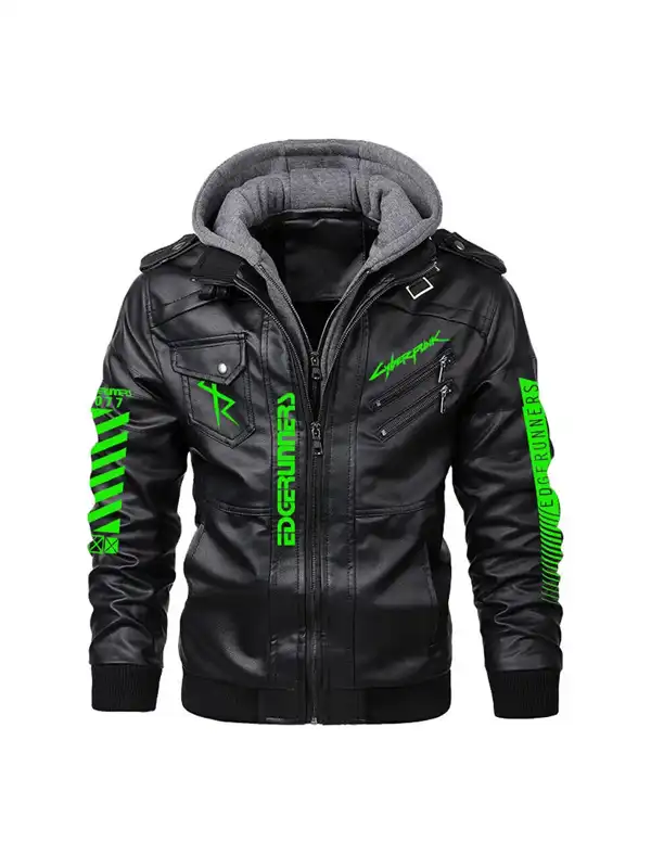 Cyberpunk Halloween Hooded Leather Jacket front view showing full silhouette and neon green accents