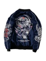 Back view of Cyberpunk Japanese Bomber Jacket featuring a clean bomber silhouette and futuristic styling