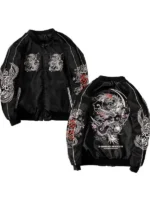 Front and back view of Cyberpunk Japanese Bomber Jacket highlighting its futuristic bomber design and details