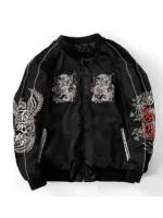 Front view of Cyberpunk Japanese Bomber Jacket featuring a futuristic design, premium finish, and bomber silhouette