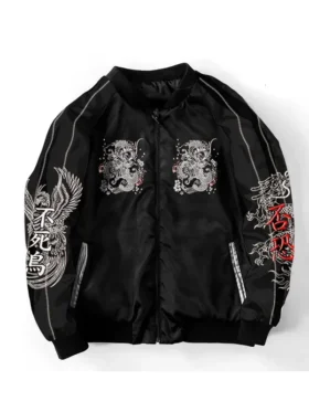 Front view of Cyberpunk Japanese Bomber Jacket featuring a futuristic design, premium finish, and bomber silhouette