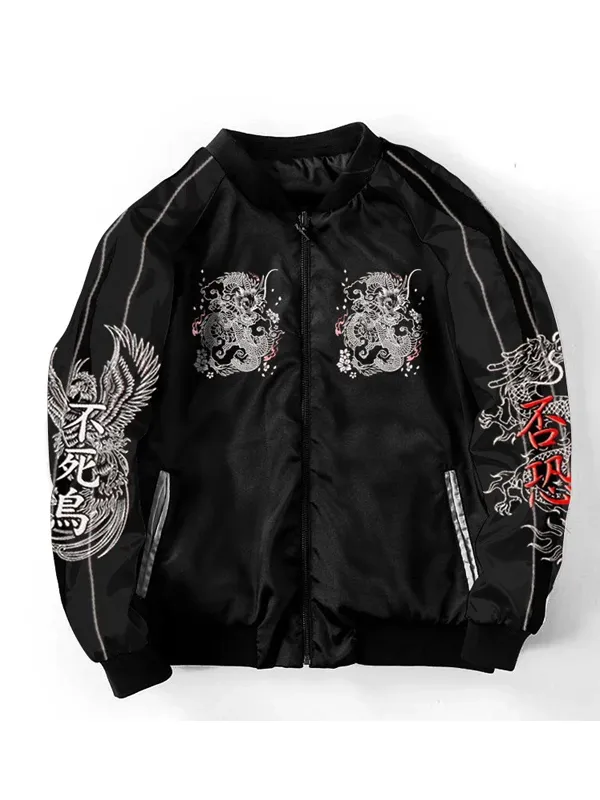 Cyberpunk Japanese Bomber Jacket Front View Front view of Cyberpunk Japanese Bomber Jacket featuring a futuristic design, premium finish, and bomber silhouette