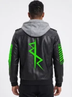 Cyberpunk Halloween Hooded Leather Jacket back look showing neon green detail and black leather finish