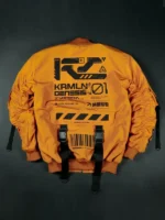 Back view of Cyberpunk Orange Techwear Bomber Jacket with a clean bomber silhouette and orange finish