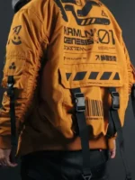 Design view of Cyberpunk Orange Techwear Bomber Jacket featuring futuristic details and premium craftsmanship