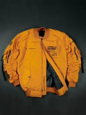 Front view of Cyberpunk Orange Techwear Bomber Jacket with a vibrant orange finish and bomber design