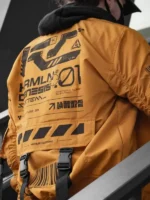 Side view of Cyberpunk Orange Techwear Bomber Jacket highlighting its modern bomber profile and orange finish