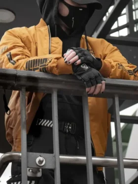 Cyberpunk Orange Techwear Bomber Jacket featuring a bold orange finish, bomber silhouette, and futuristic streetwear design