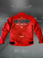 Back view of Cyberpunk Red Techwear Bomber Jacket featuring a clean bomber silhouette and bold red finish