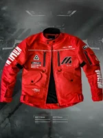 Front view of Cyberpunk Red Techwear Bomber Jacket with a vibrant red finish and futuristic bomber design